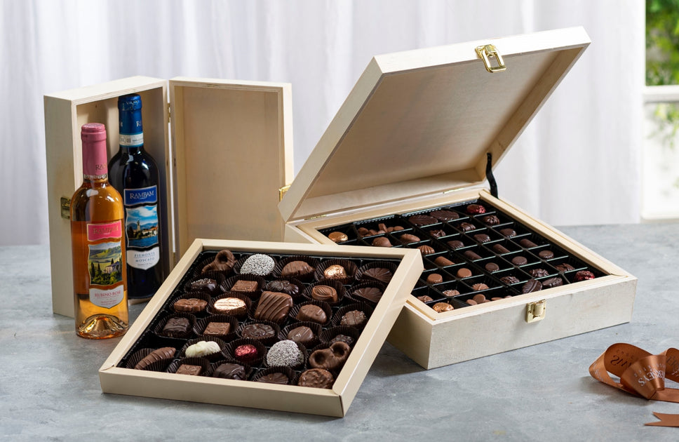 Designer Wood Chocolate Tray & Wine Gift Set - Cholov Yisrael