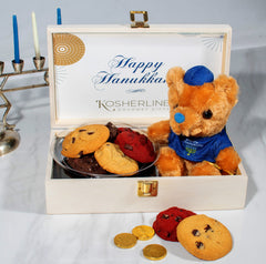 Hanukkah Luxe Cookies and Chocolate Gelt Teddy Chest Wooden Gift Box