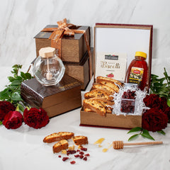 Rosh Hashanah Glass Honey Server with Biscotti & Dried Cranberries Gift Box