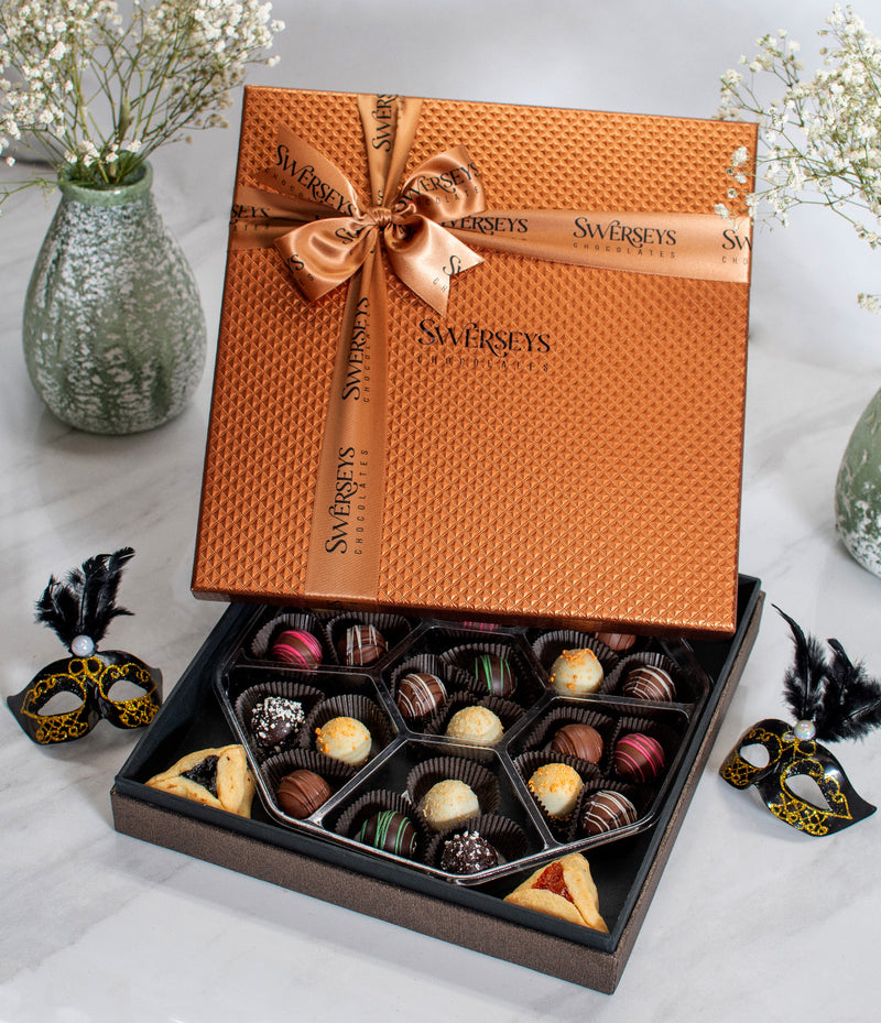 Swerseys Luxe Purim Gift Box of Delicious Gourmet Truffles & Hamantaschen